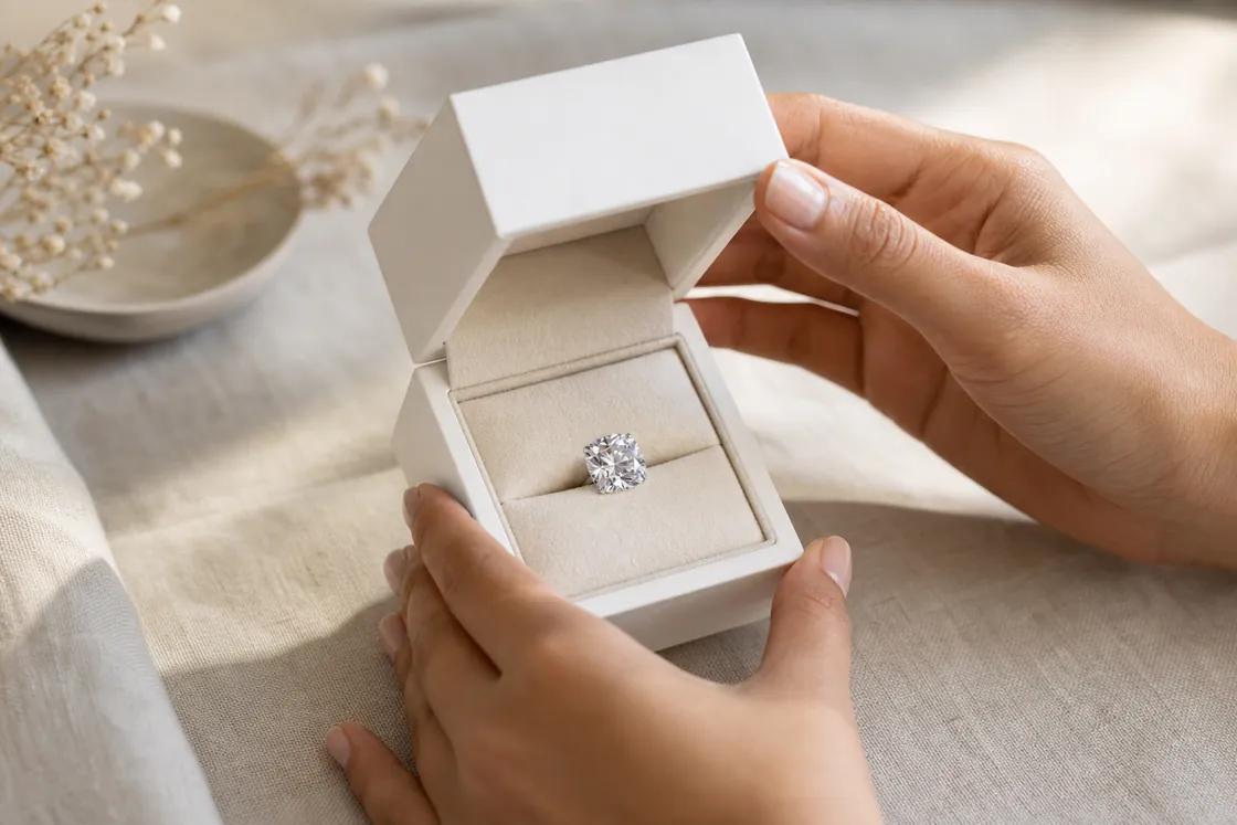 Un couple sur un canapé avec une photo encadrée de leur chien entre eux ; la femme présente vers la caméra une bague diamant commémorative, pierre nettement visible